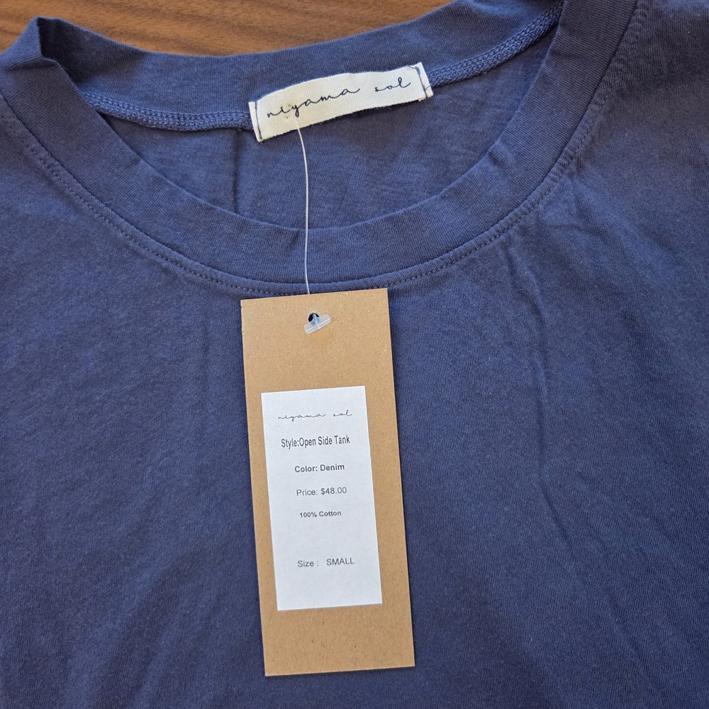 Niyama Sol Open Side Tank - New with Tags - 100% Cotton in Denim Gray Blue - Picture 6 of 7